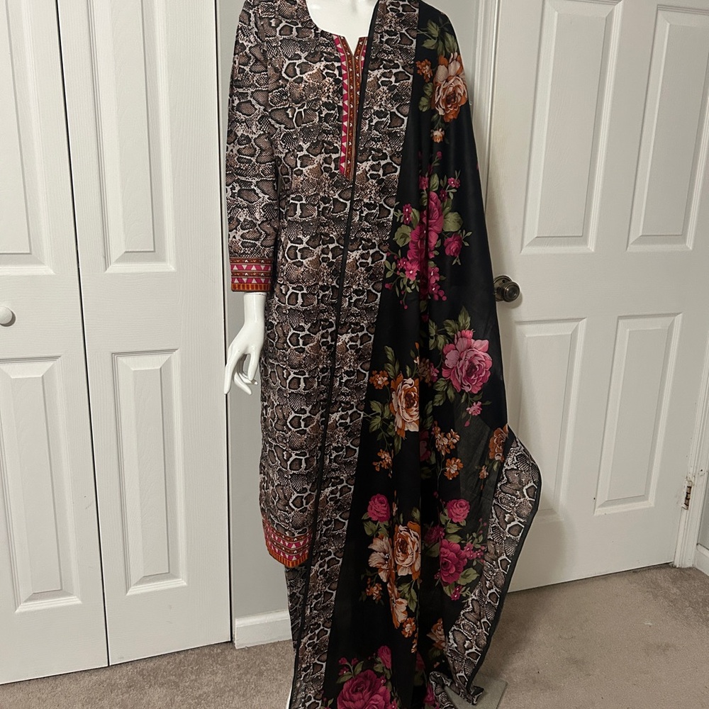 Brown Snake Print dress with Red Accents